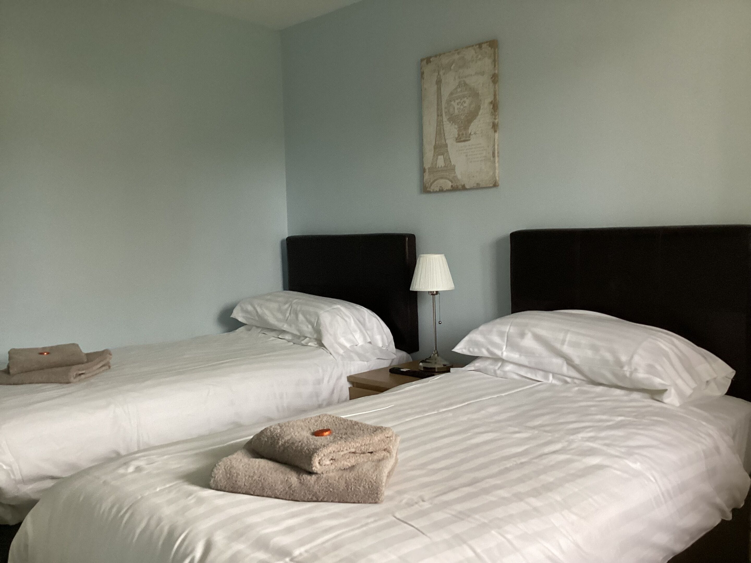 A hotel room with two beds, each with white linens and pillows, a nightstand with a lamp, and a wall-mounted picture.