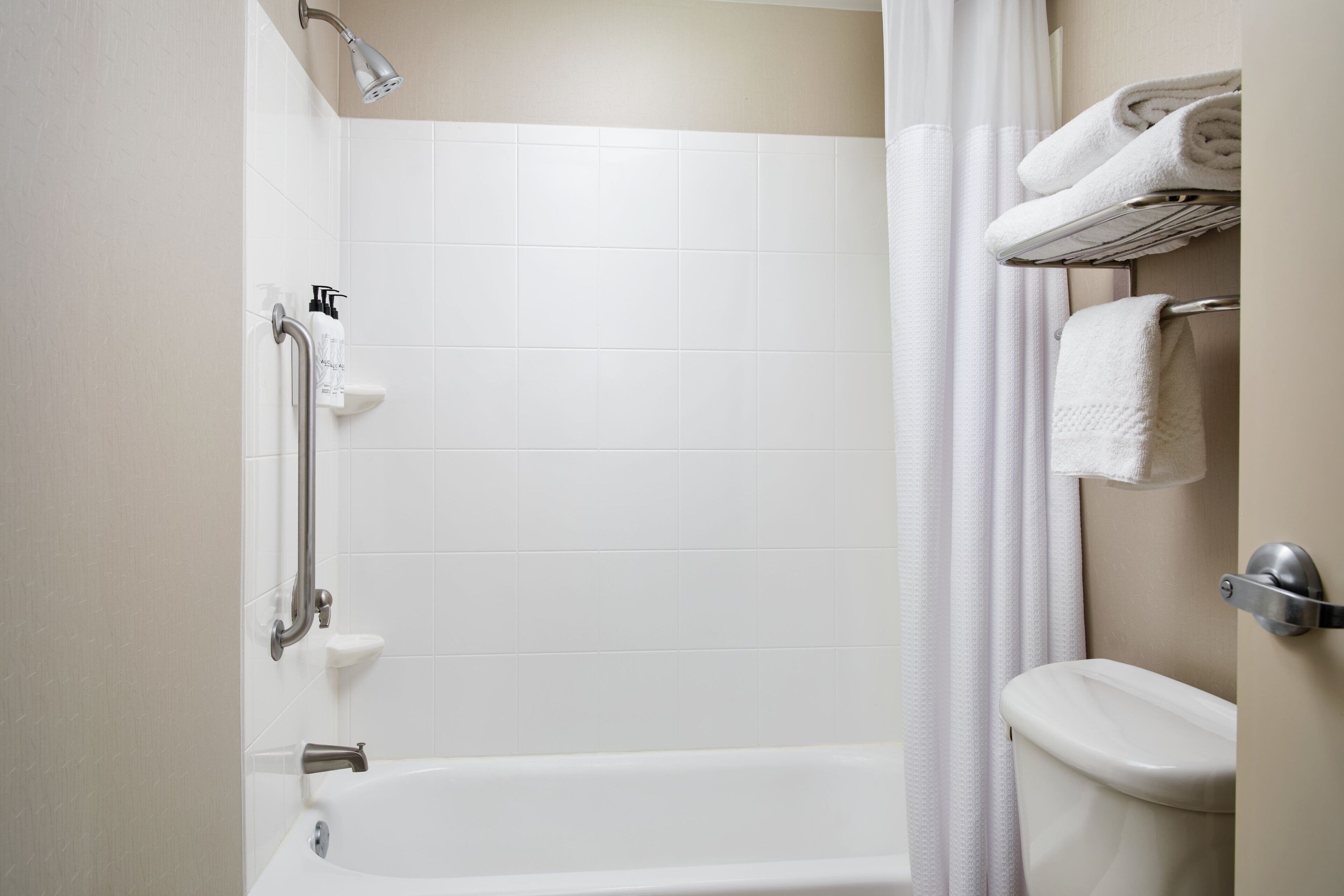 combined shower/bathtub, free toiletries, hair dryer, towels