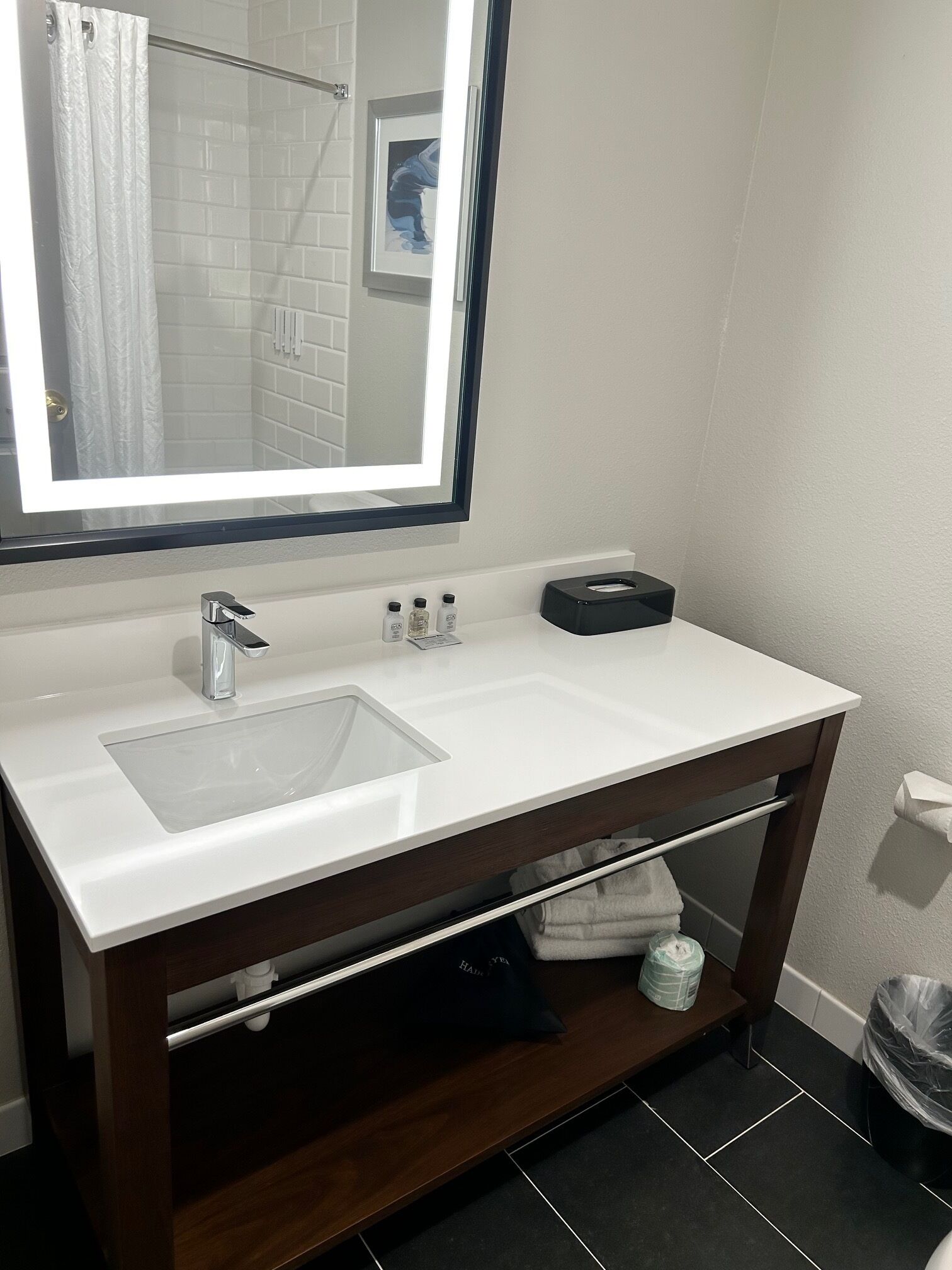 A bathroom with a white sink, a mirror, and a towel rack.