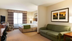 A hotel room with a bed, a green sofa, a desk with a chair, a TV, a lamp, and a painting on the wall. - Country Inn & Suites by Radisson, Peoria North, IL (Peoria)