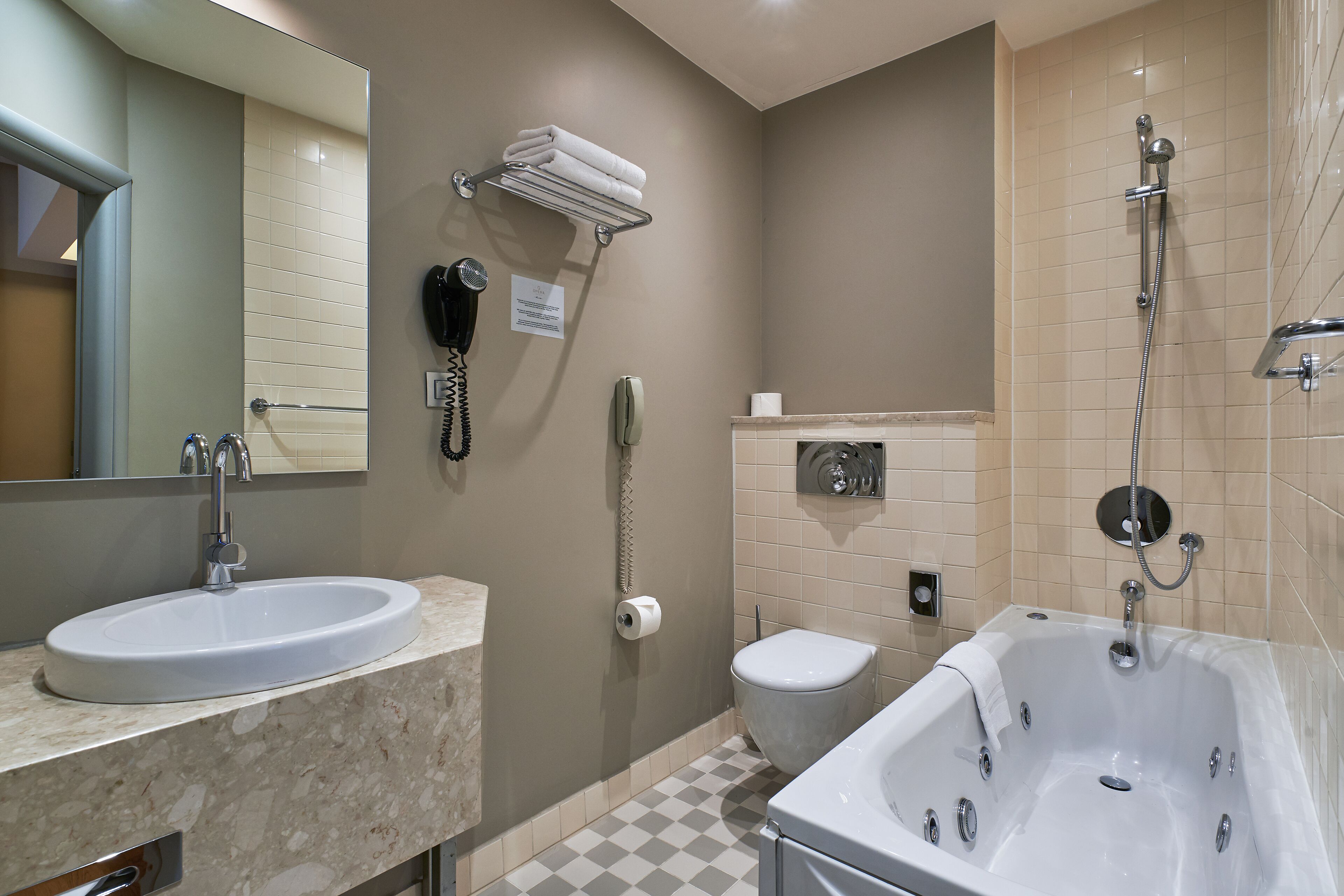 free toiletries, hair dryer, heated floors, towels