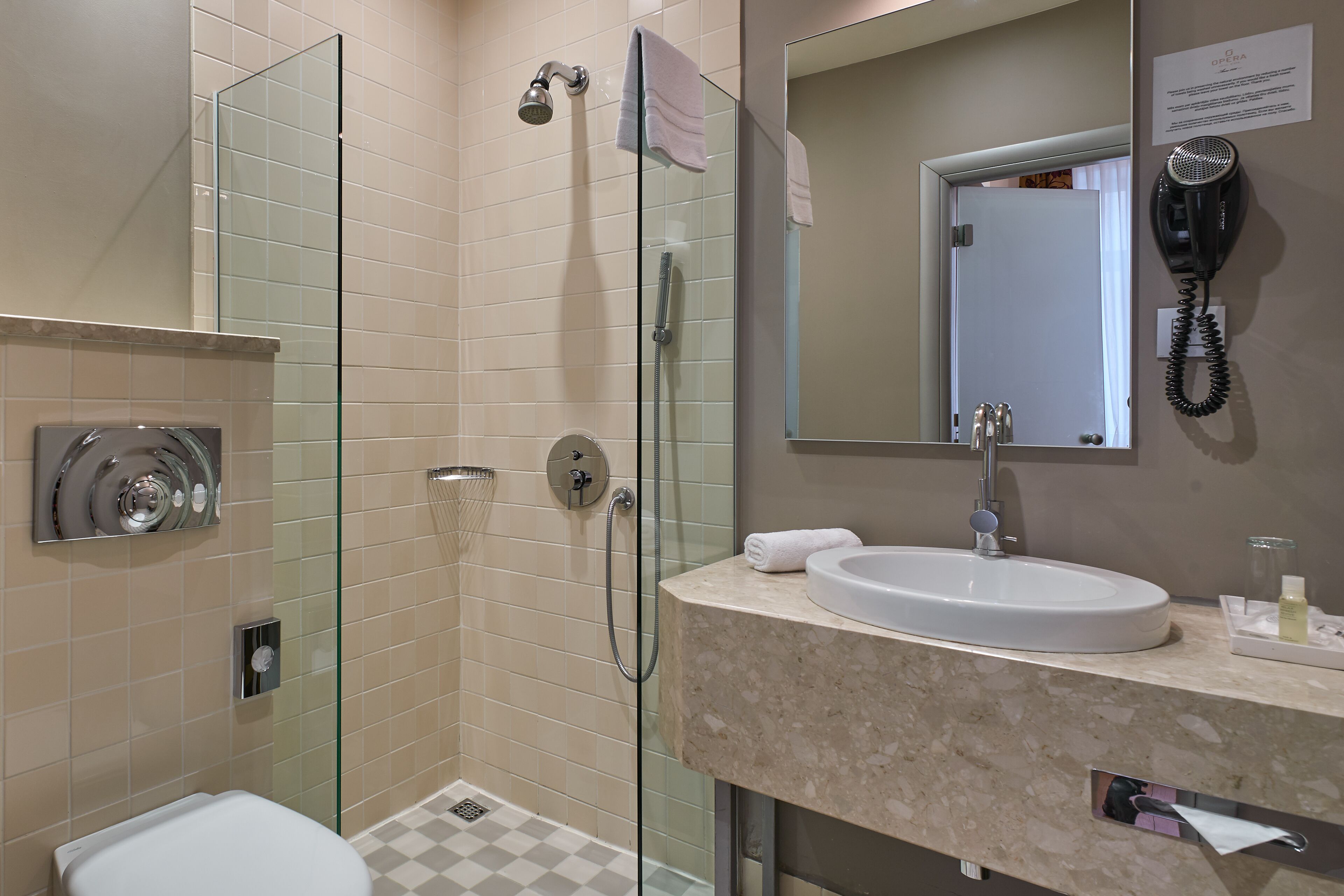 free toiletries, hair dryer, heated floors, towels