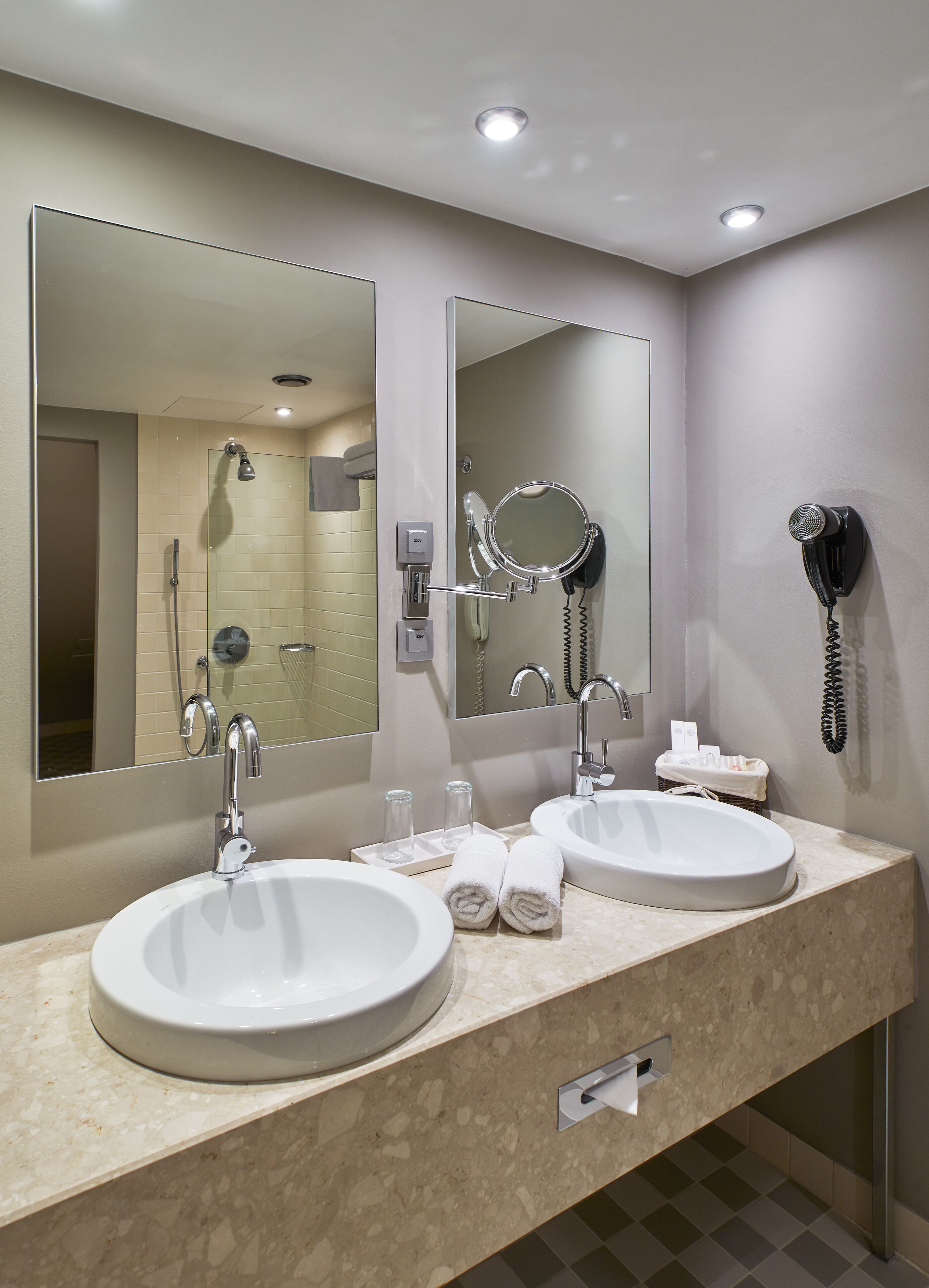 free toiletries, hair dryer, heated floors, towels