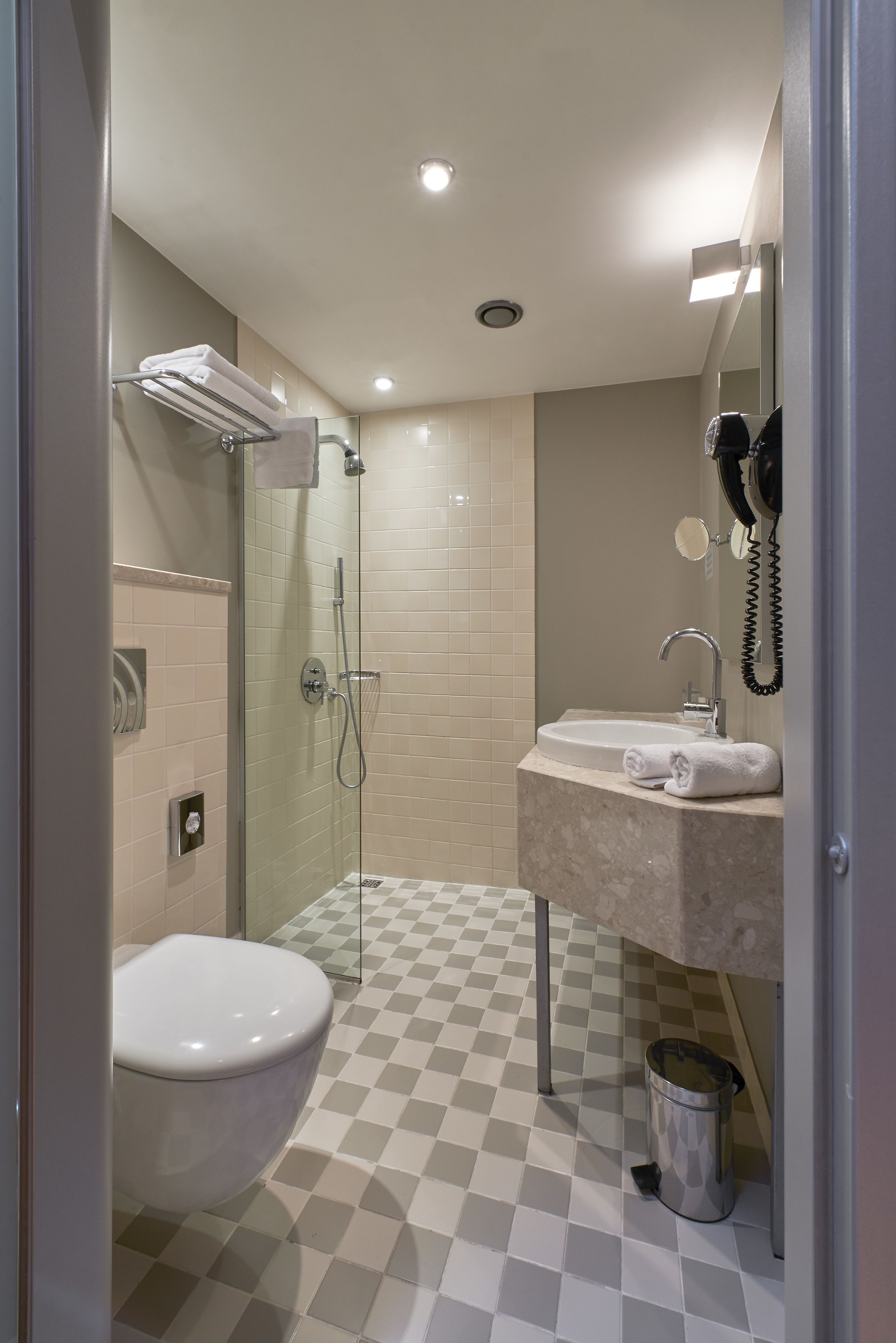 free toiletries, hair dryer, heated floors, towels