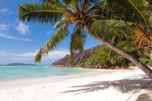 On the beach, white sand, sun-loungers, beach towels
