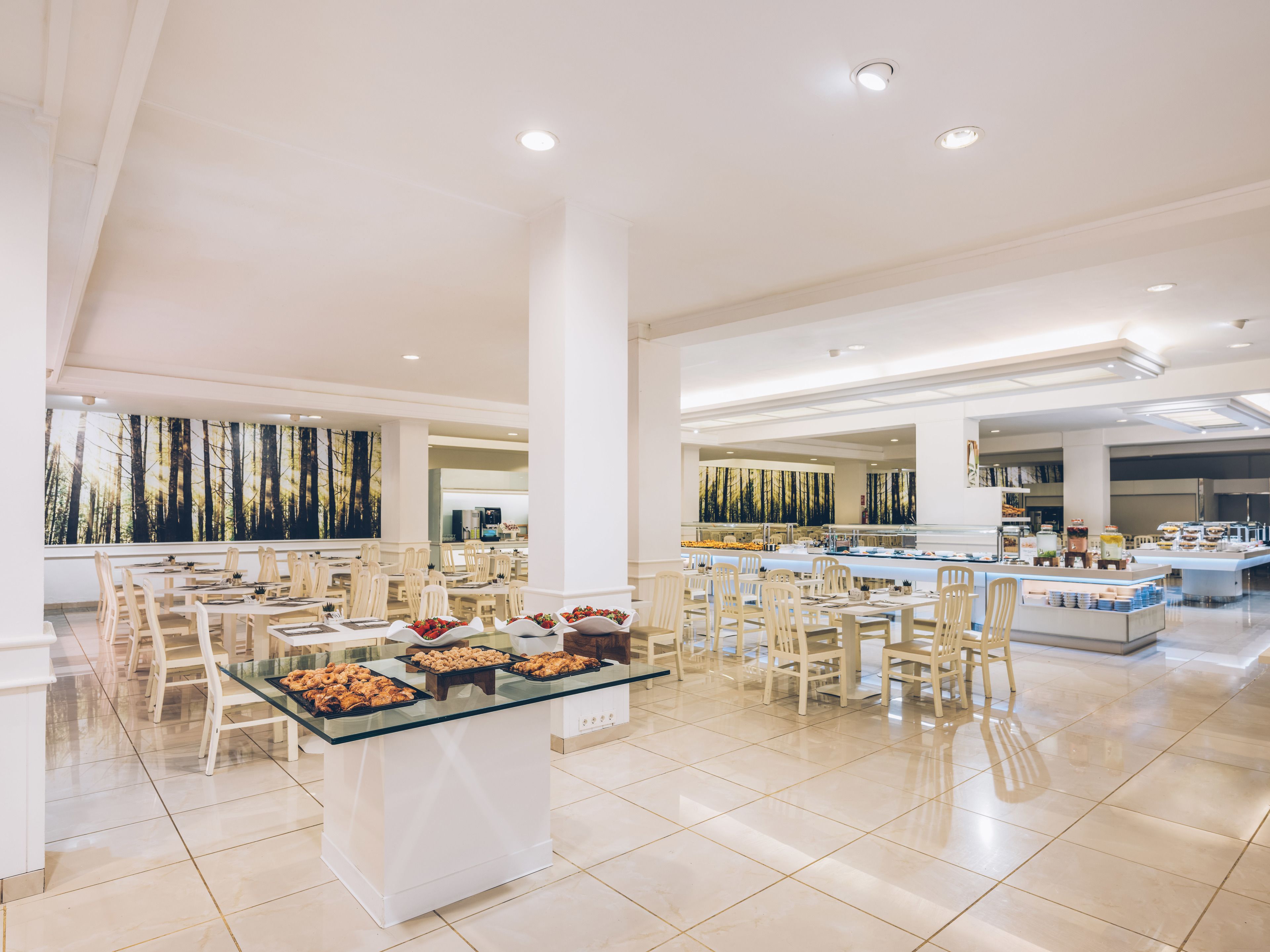 Un vaste espace dédié à la restauration, avec de nombreuses tables et chaises, un buffet proposant une variété de plats, et une grande fenêtre donnant sur la forêt.