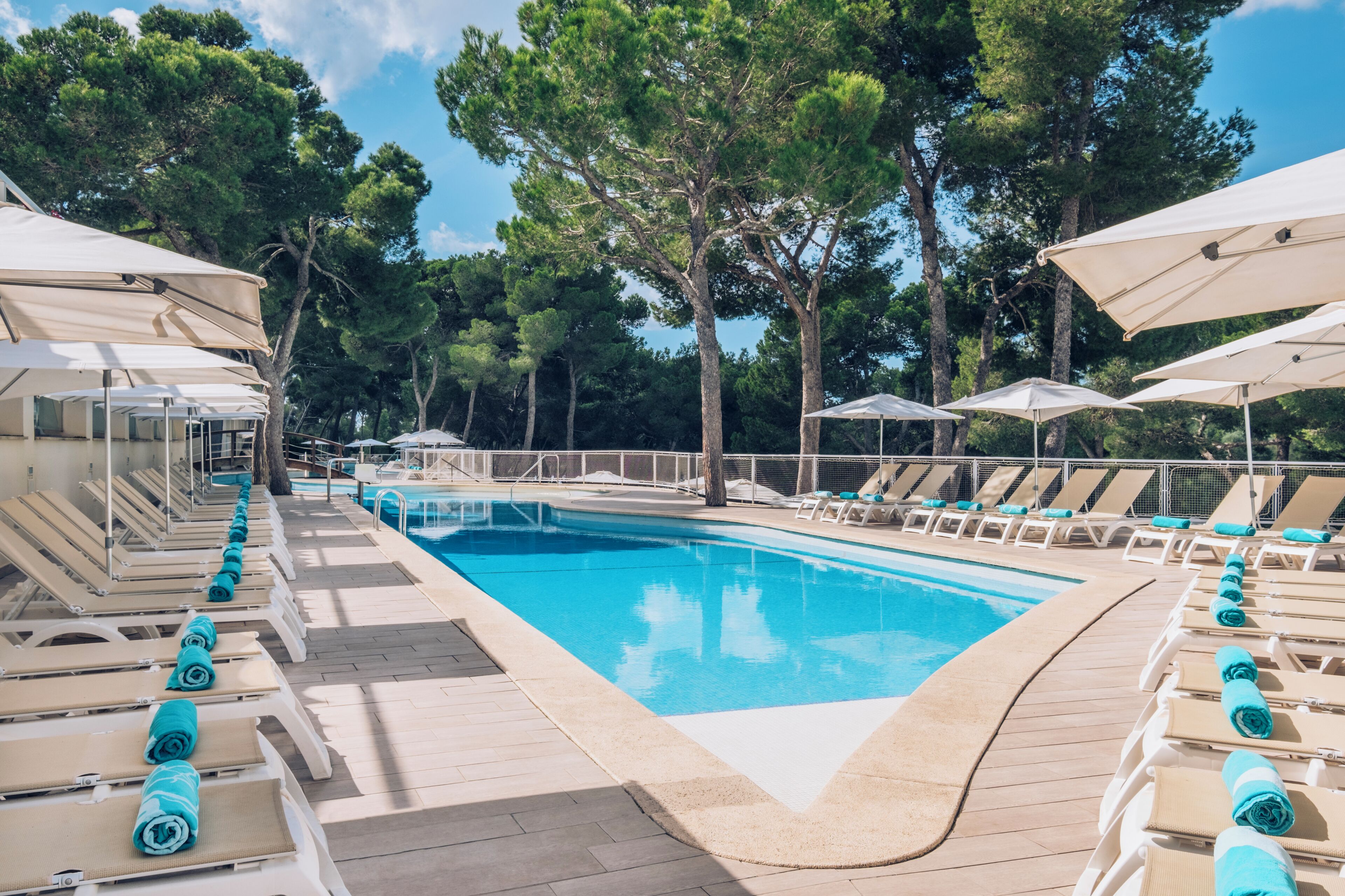 Une piscine entourée d’arbres, avec des chaises longues et des parasols.
