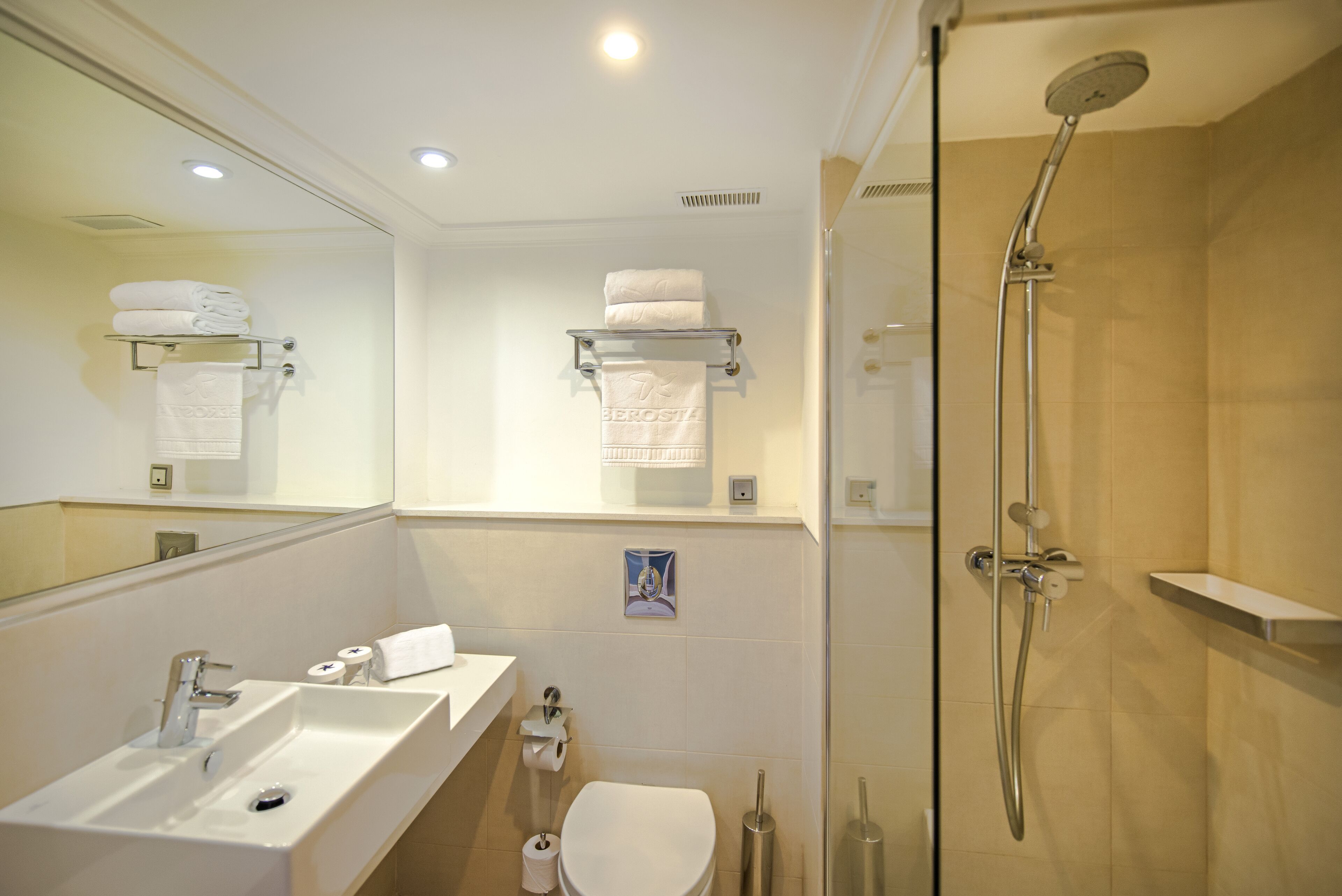 A modern bathroom with a sink, mirror, toilet, and shower.