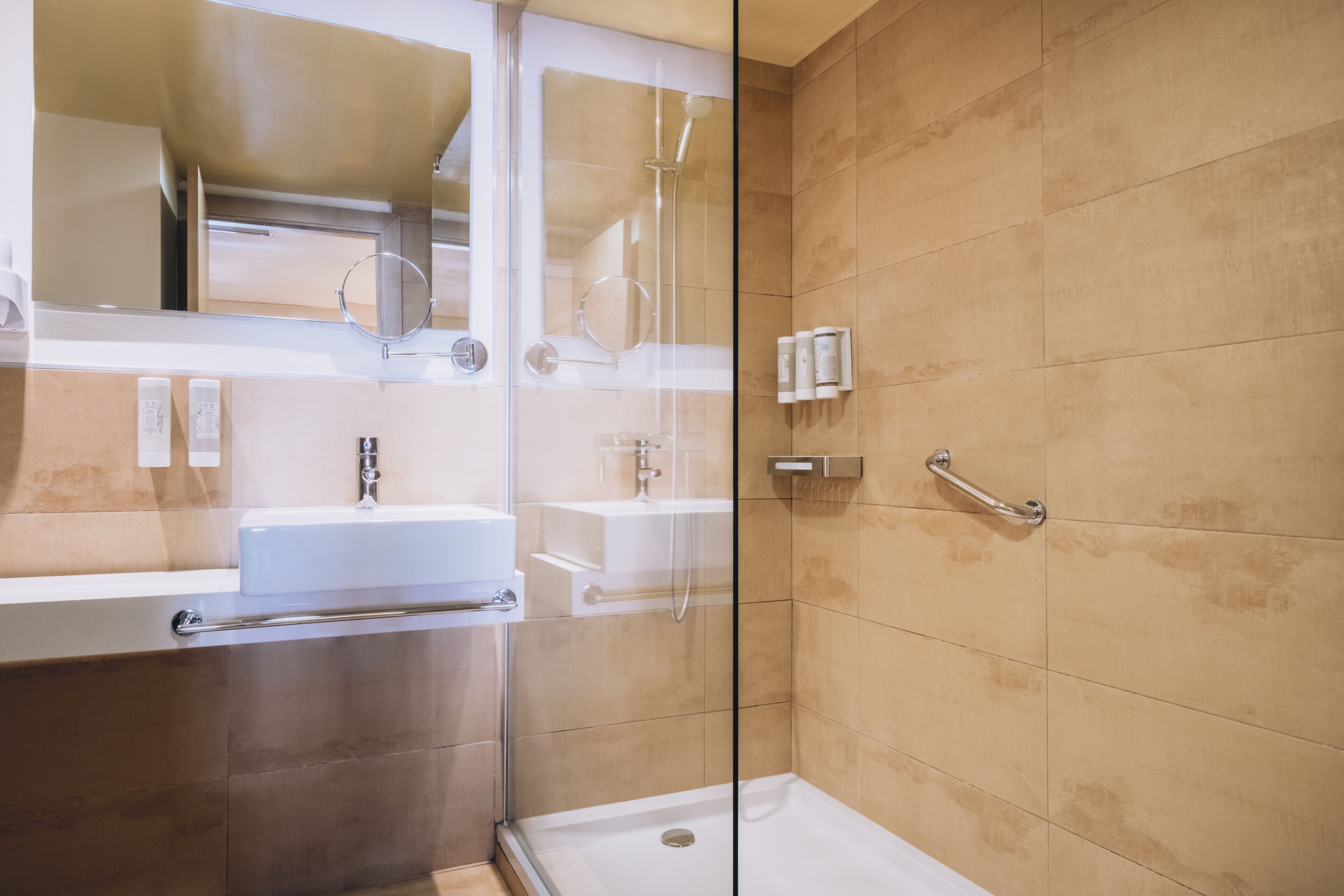 shower, eco-friendly toiletries, hair dryer, towels