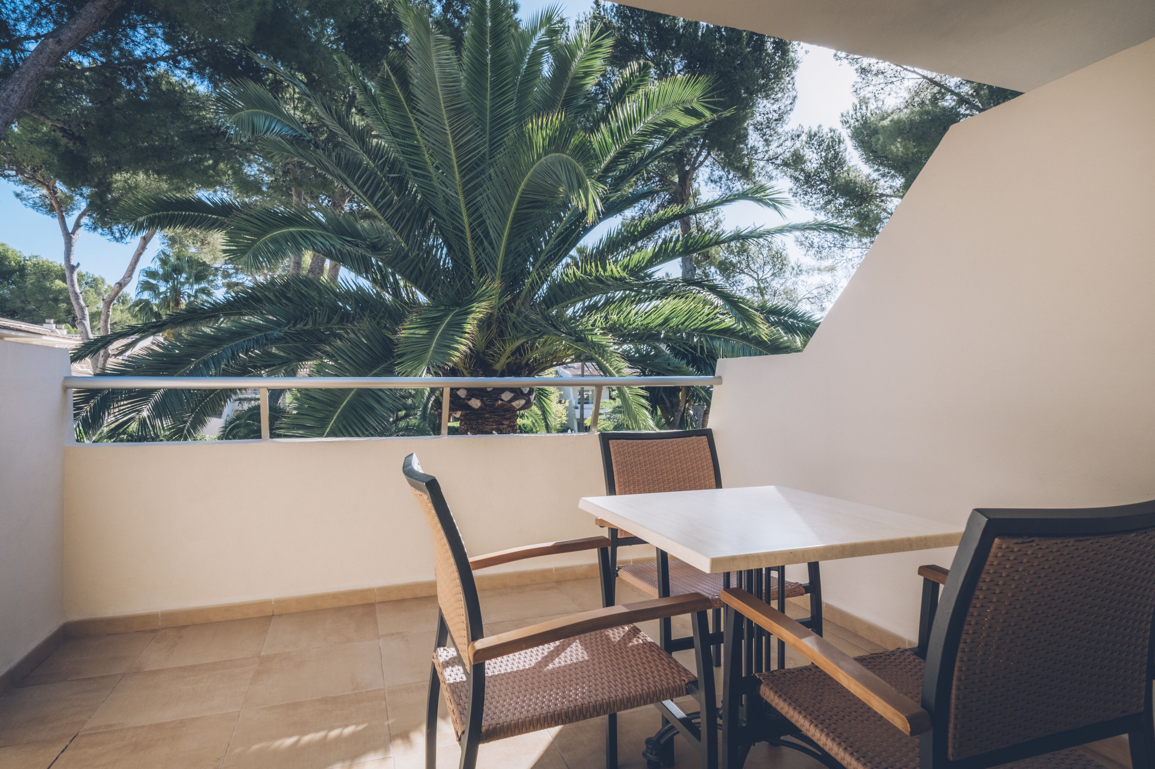A balcony with a table and chairs, overlooking a large palm tree and other greenery.
