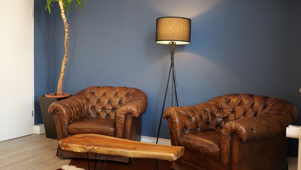 A room with two brown leather armchairs, a tall floor lamp, a potted plant, and a wooden bench. - Hotel Milano (Hildesheim)