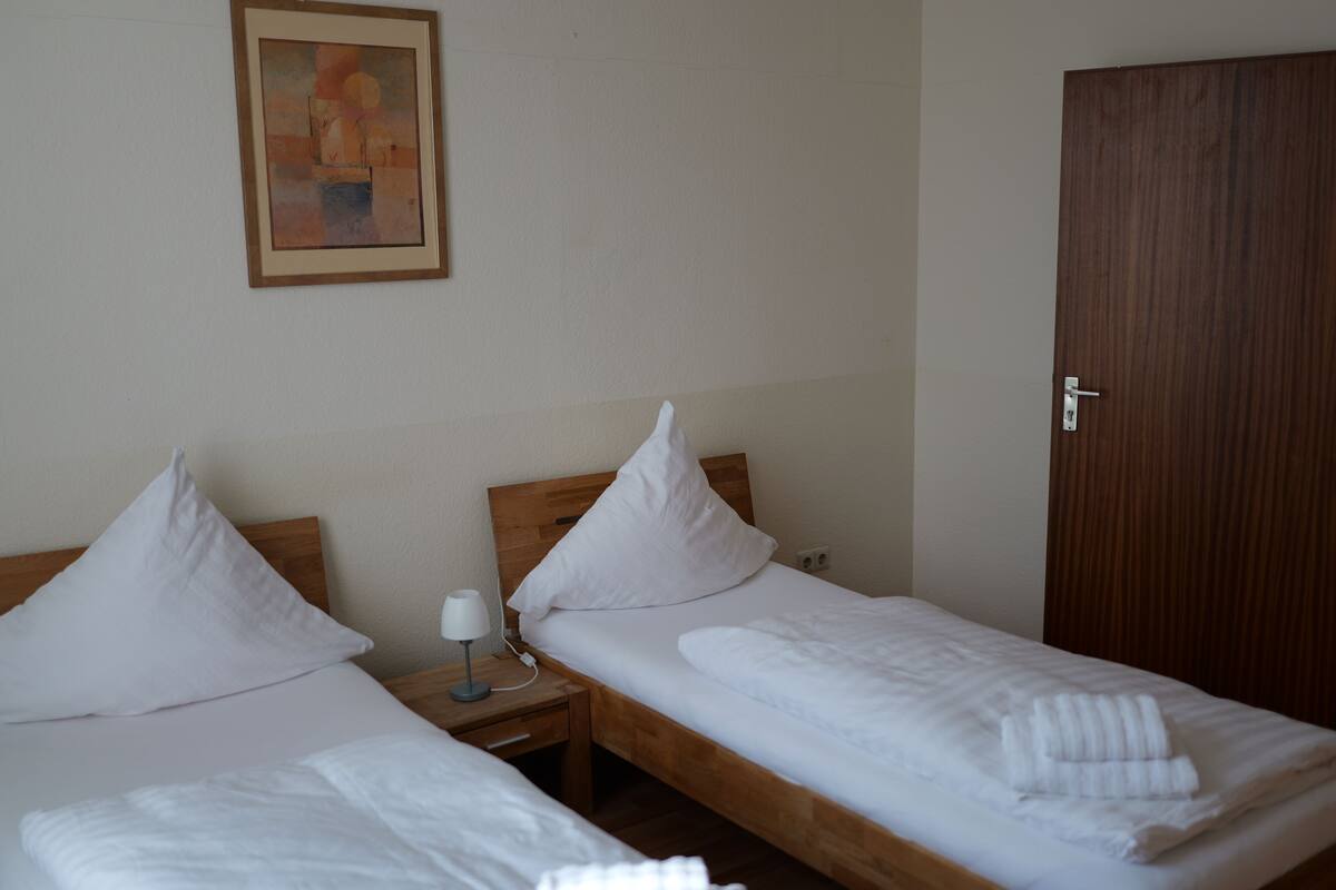 Two single beds with wooden frames and white bedding, a nightstand with a lamp, and a wooden door.
