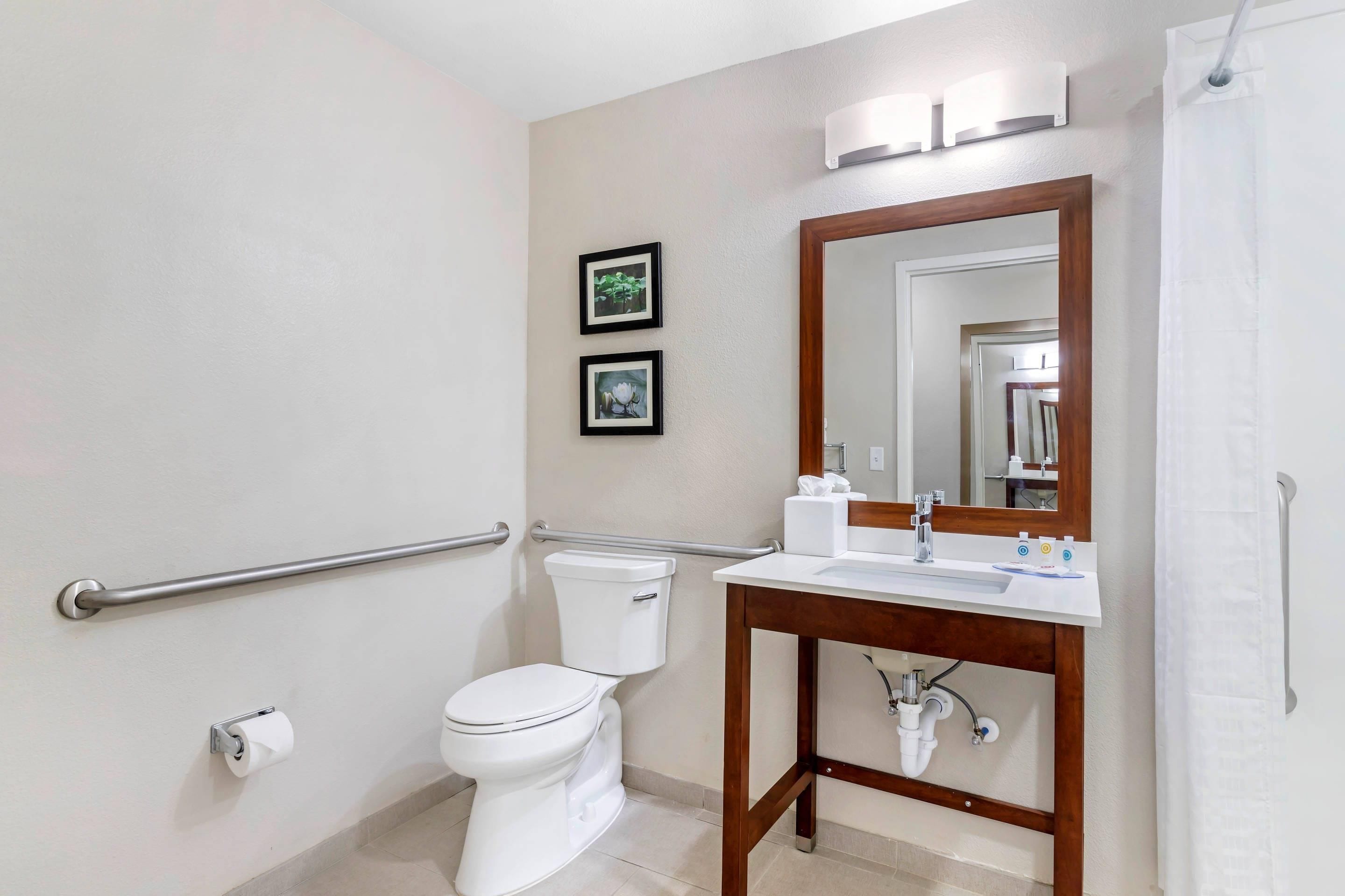 Un baño con inodoro, lavamanos, espejo y baranda.