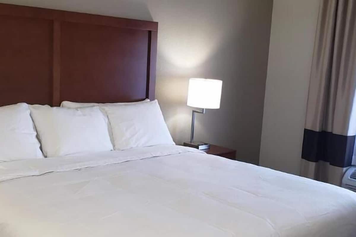 A hotel room with a large bed, a nightstand, a lamp, and a window with curtains.