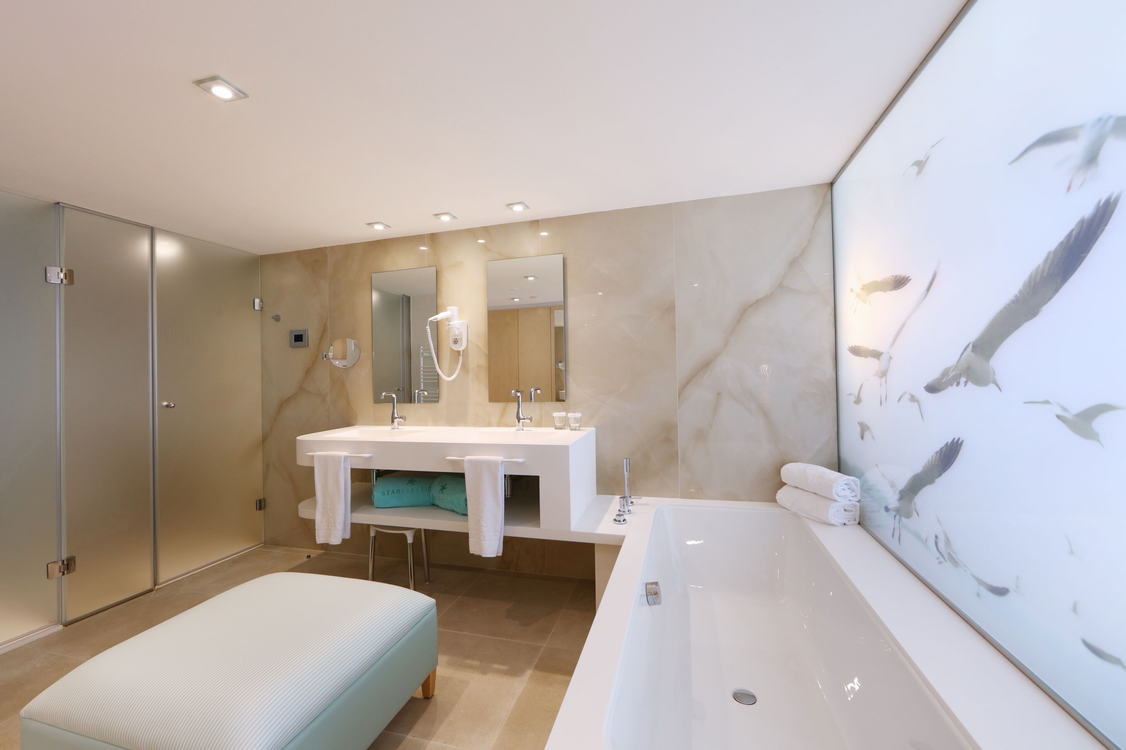 shower, eco-friendly toiletries, hair dryer, towels