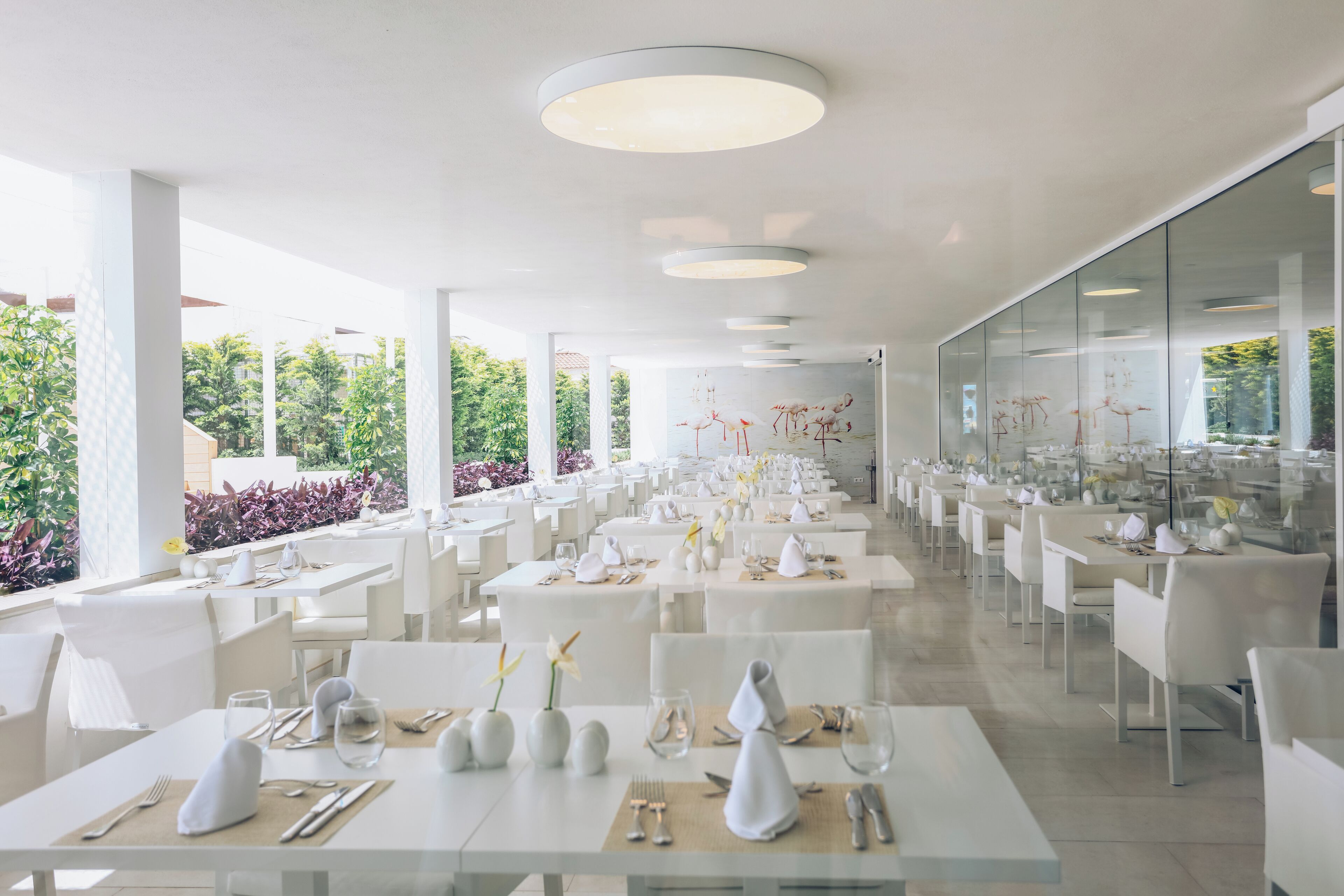 A modern restaurant with white tables and chairs, glass partitions, and a view of greenery outside.