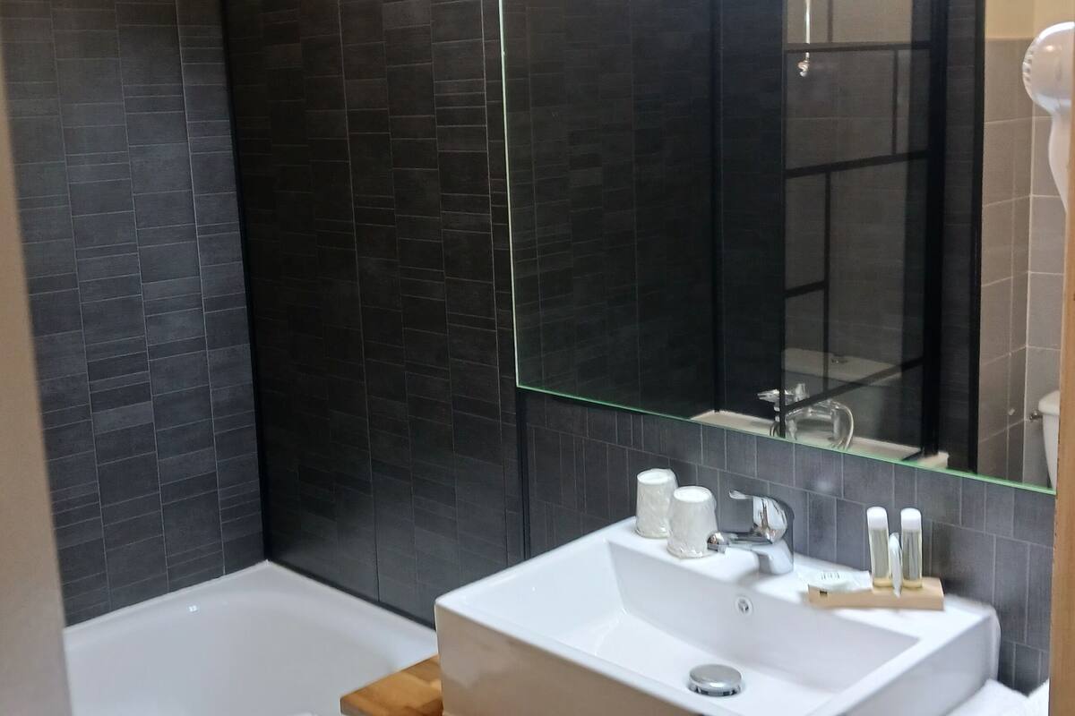 comfort double room, 1 double bed | bathroom | combined shower/bathtub, hydromassage showerhead, hair dryer, towels