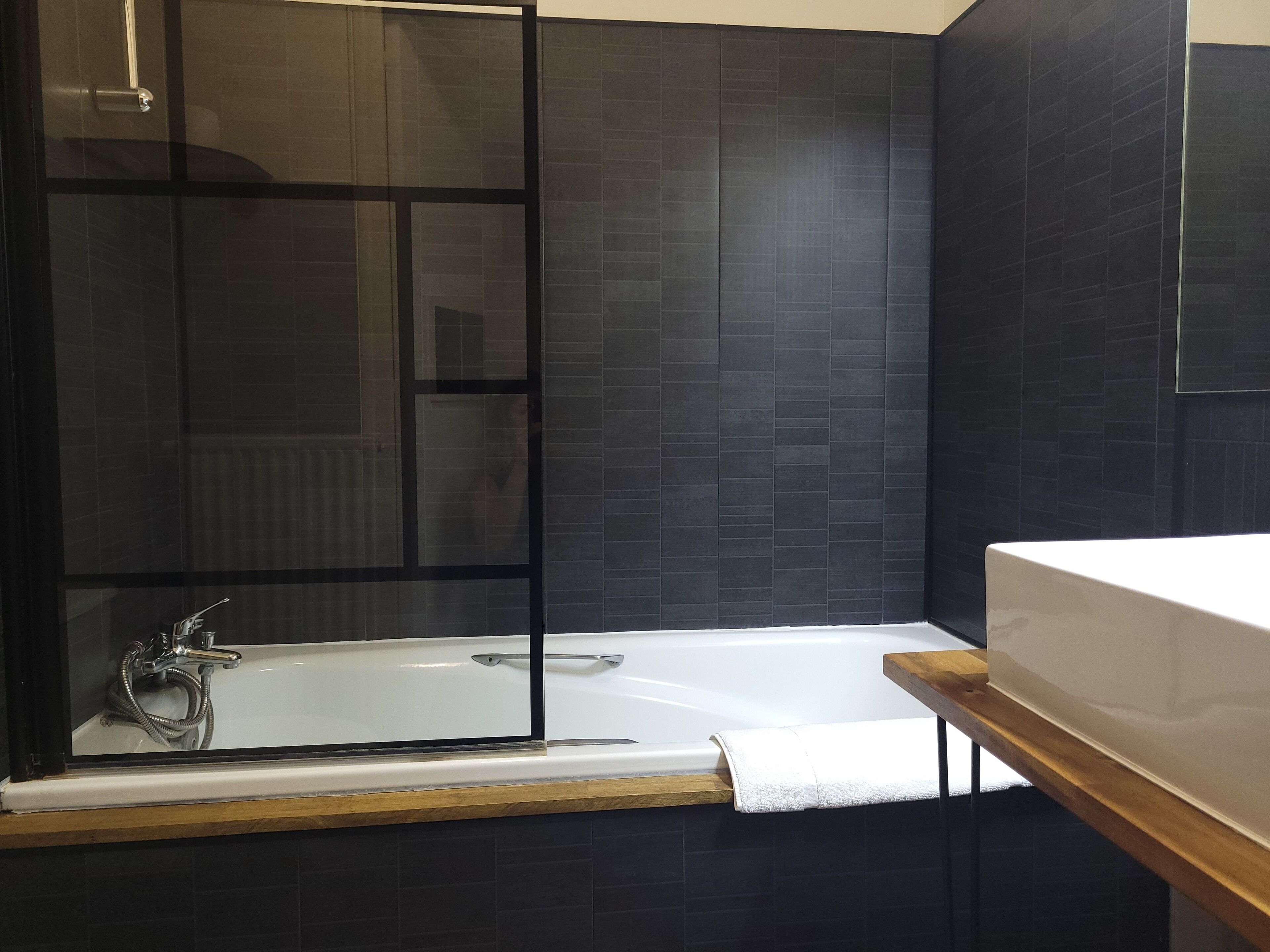 combined shower/bathtub, hydromassage showerhead, hair dryer, towels