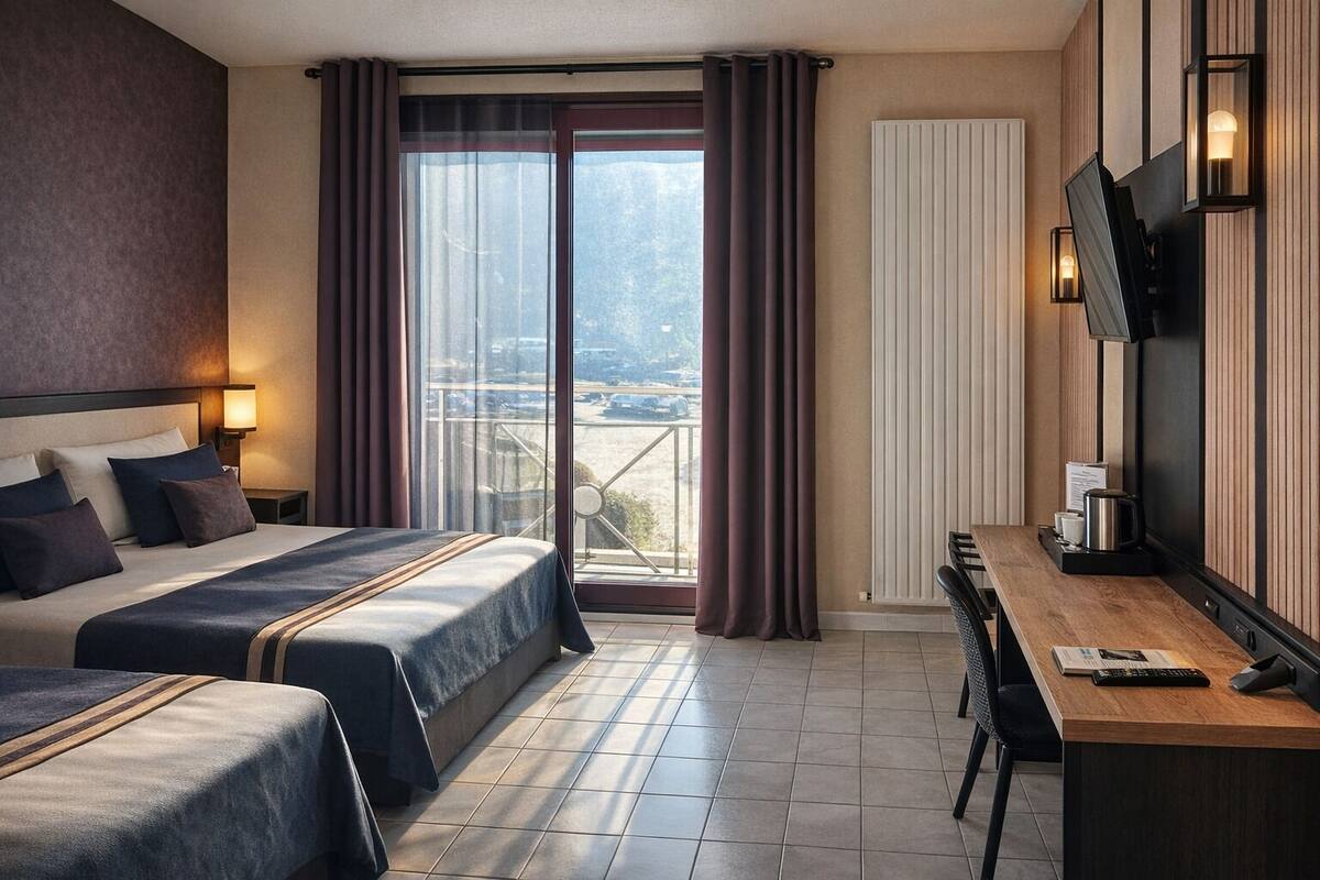 Une chambre d’hôtel avec un lit, un bureau, une télévision et une vue sur l’extérieur.