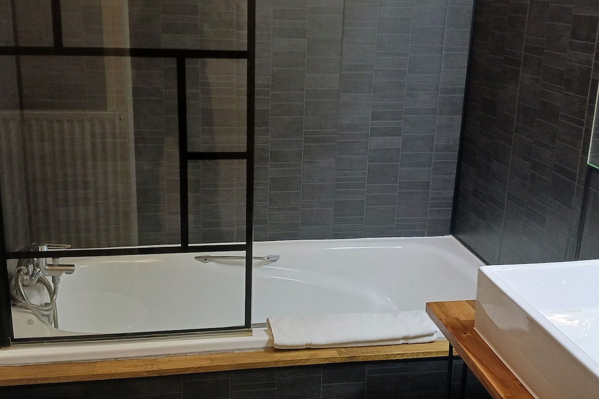 comfort double room, 1 double bed | bathroom | combined shower/bathtub, hydromassage showerhead, hair dryer, towels