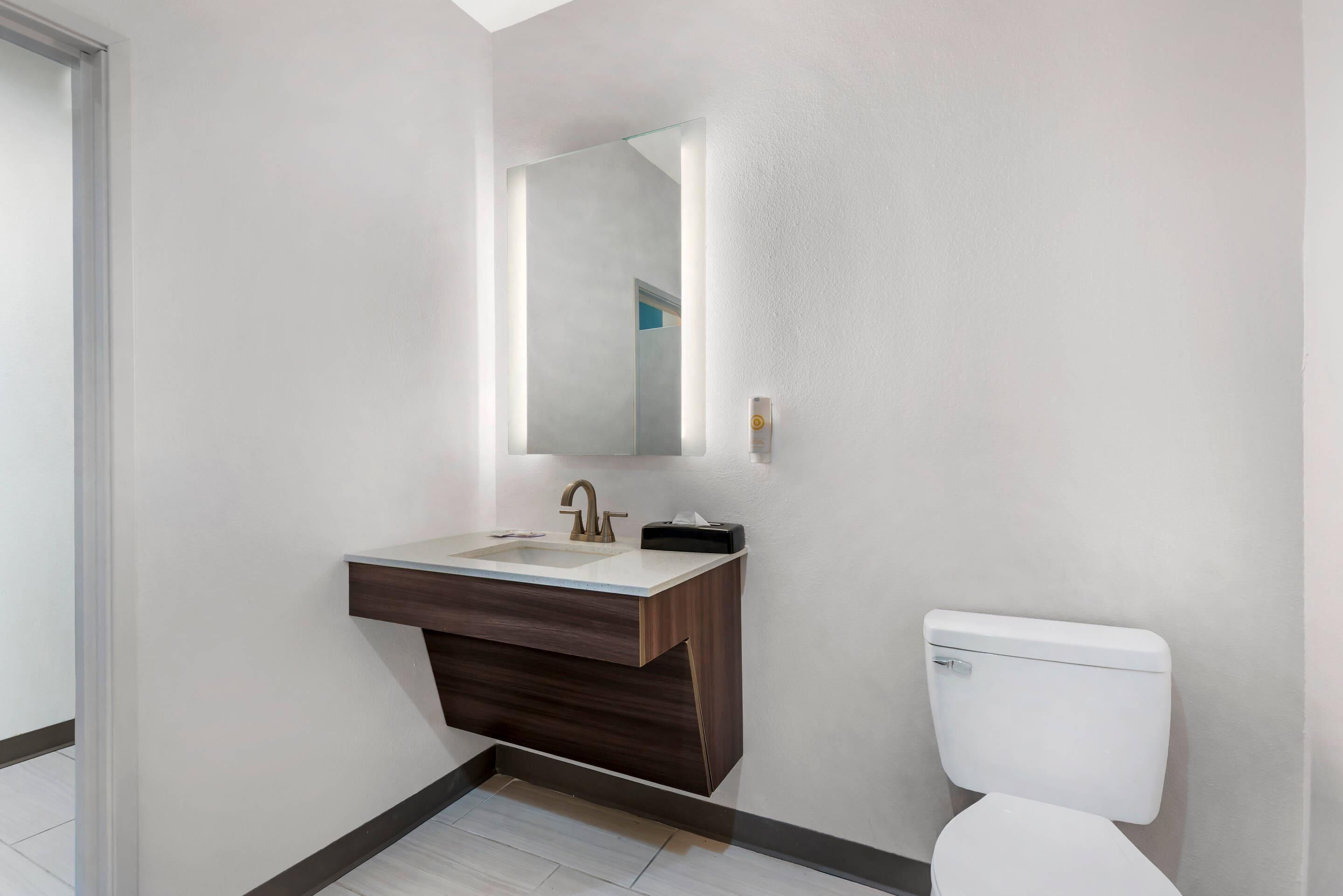 A bathroom with a white toilet, a dark wood vanity with a sink, and a mirror above the vanity.