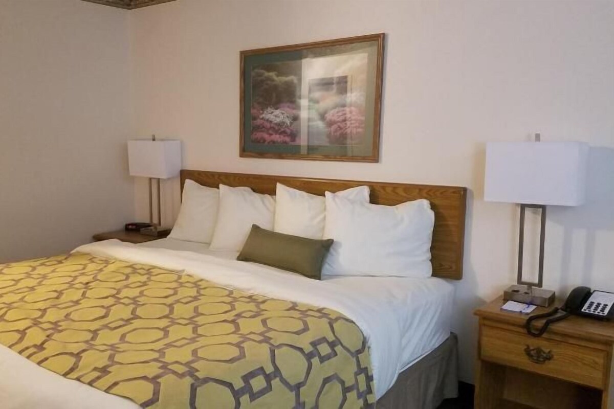 A hotel room with a bed, a nightstand with a lamp, a painting on the wall, and a telephone on the nightstand.