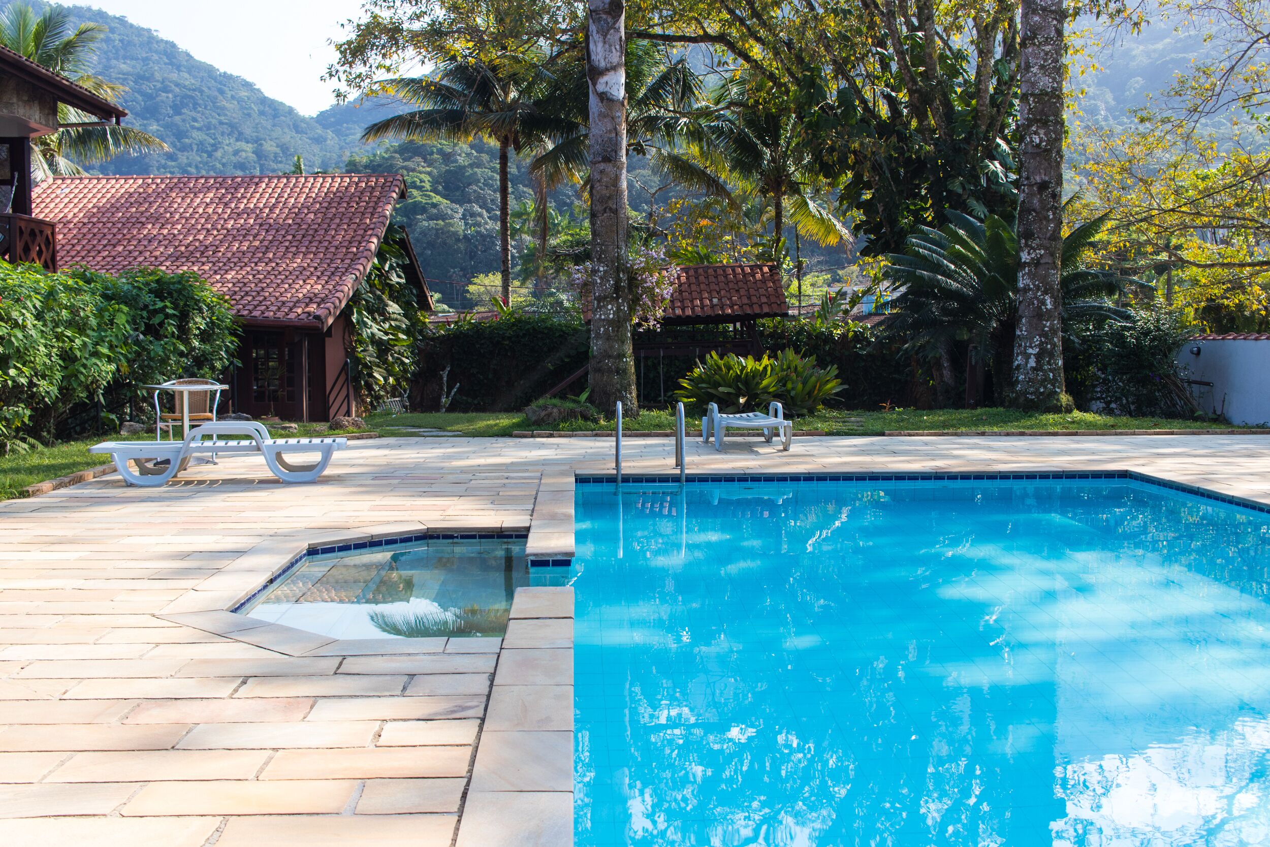 A swimming pool with a tiled deck, surrounded by lush greenery and palm trees.