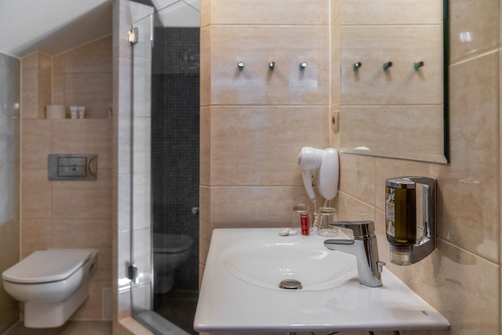A bathroom with a toilet, a sink, a mirror, and a shower.