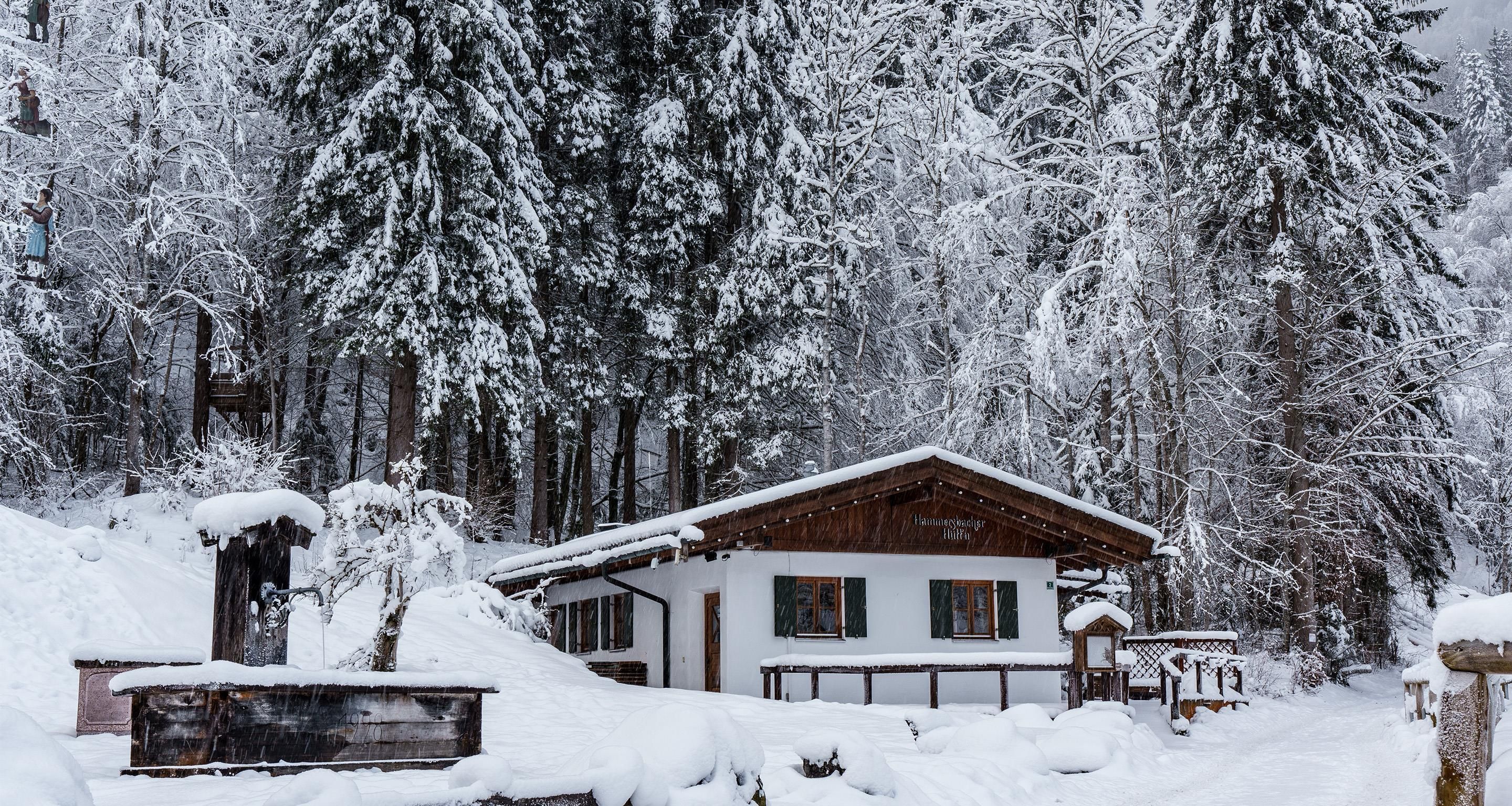 Une cabane en bois avec un toit en pente, entourée d’arbres couverts de neige.
