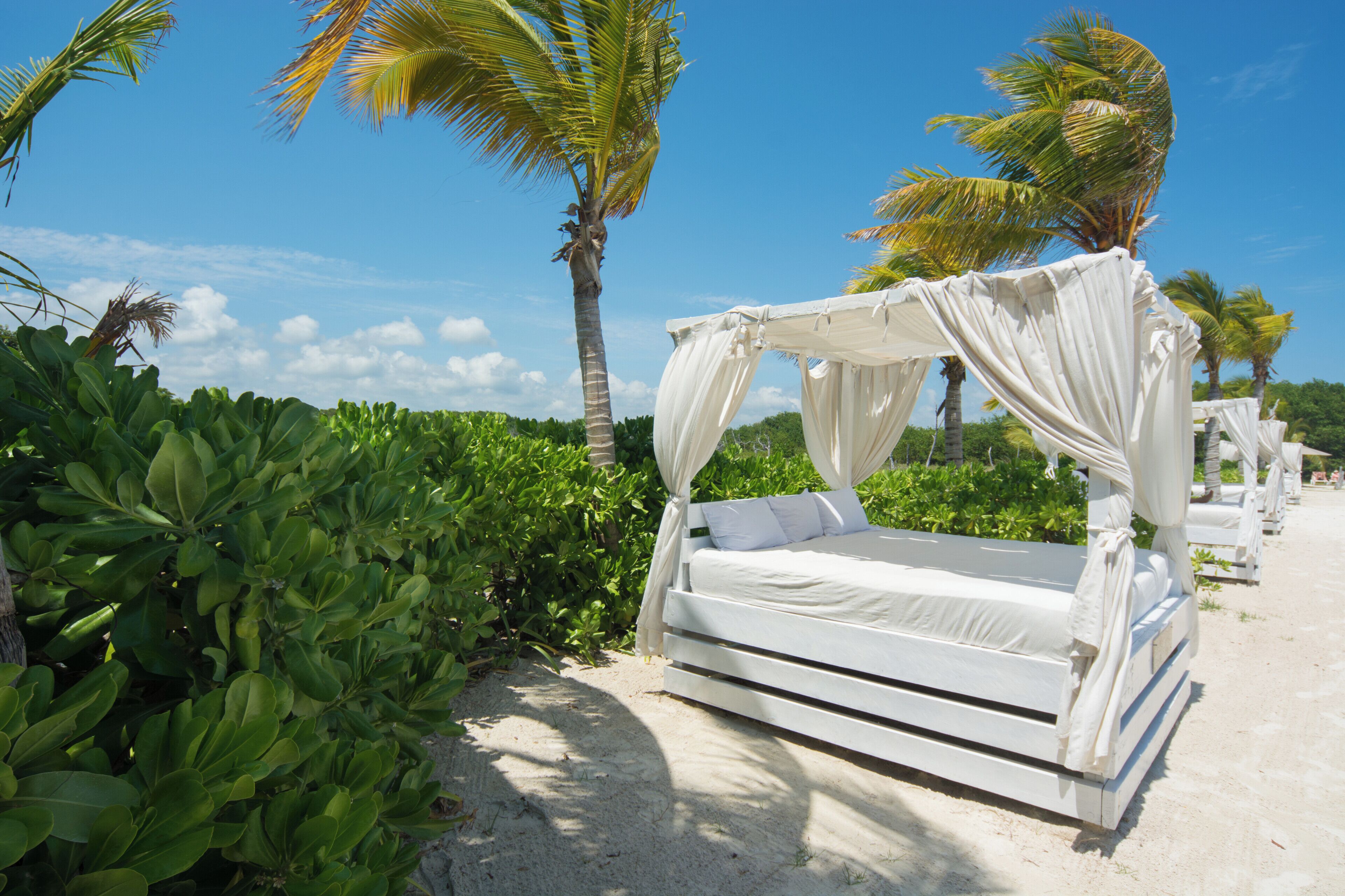 Private beach, white sand, beach cabanas, sun-loungers