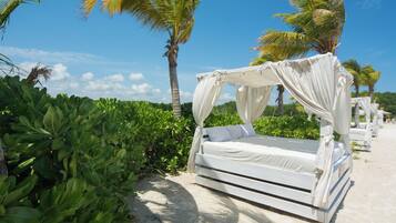 Private beach, white sand, beach cabanas, sun-loungers