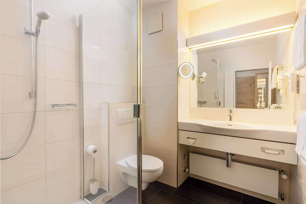 A modern bathroom with a glass-enclosed shower, a toilet, and a vanity with a mirror.
