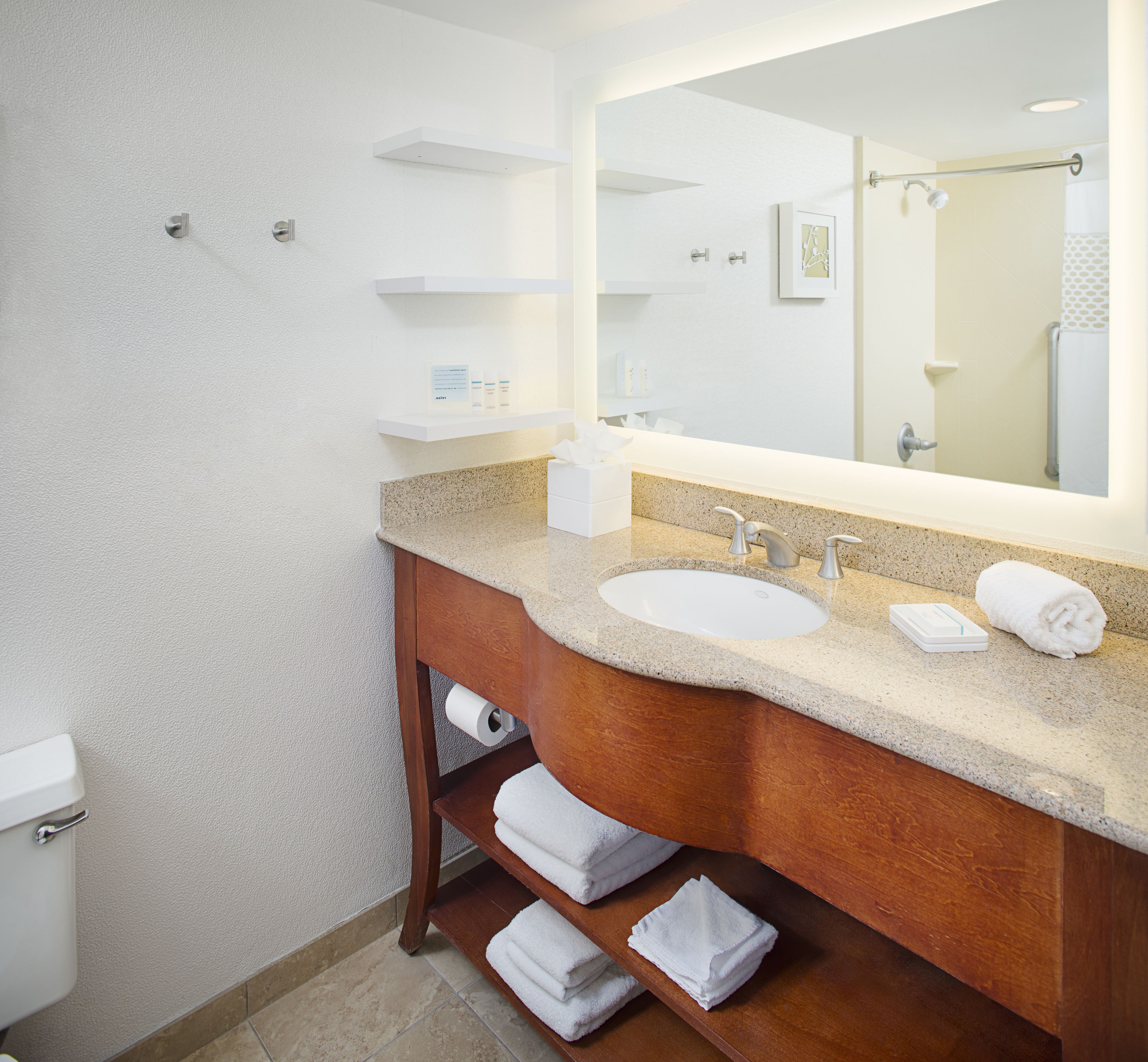 combined shower/bathtub, free toiletries, hair dryer, towels