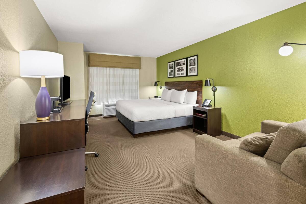 A hotel room with a bed, a desk, a chair, a TV, a lamp, and a picture frame on the wall.