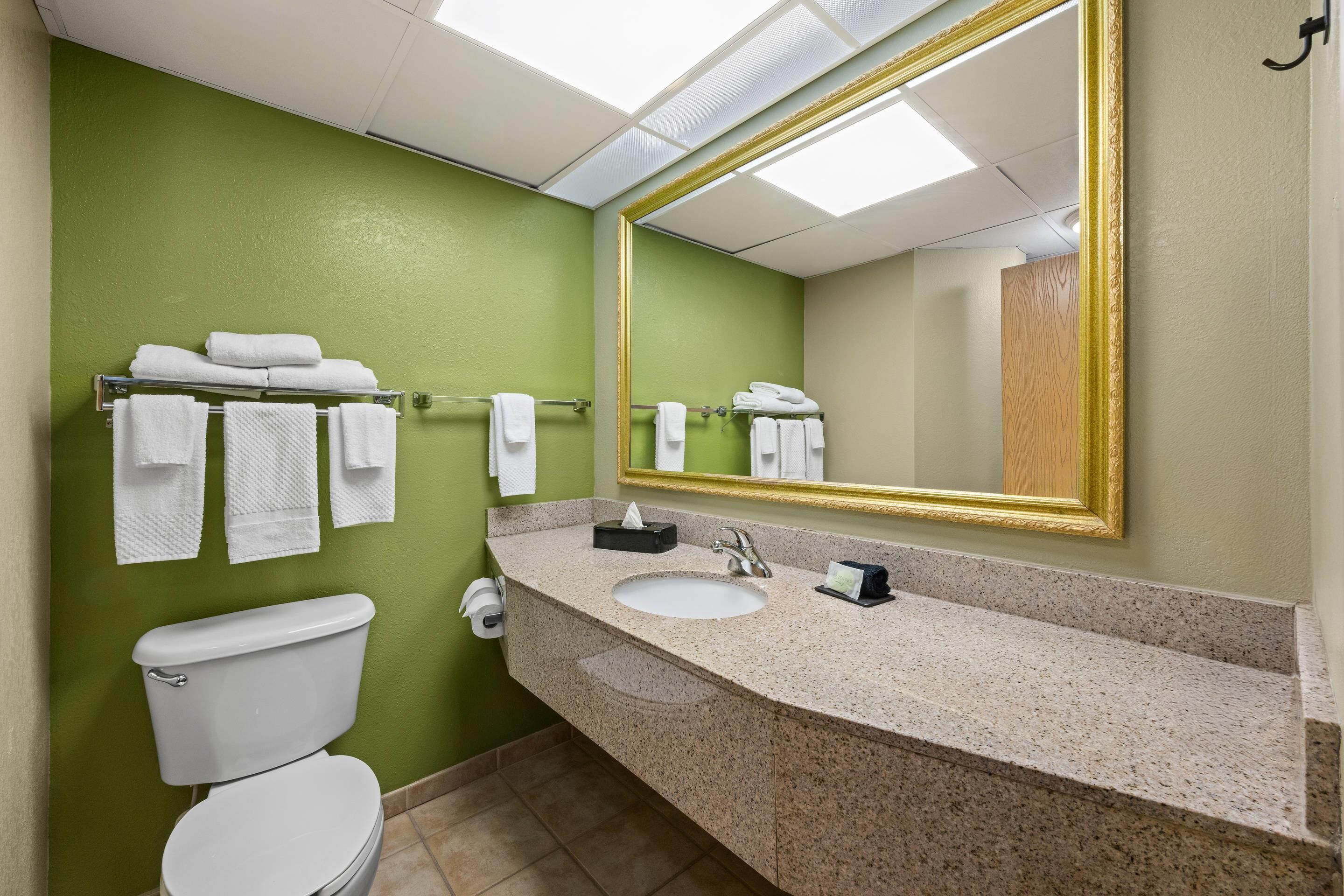 A bathroom with a green wall, white toilet, and a sink with a mirror.