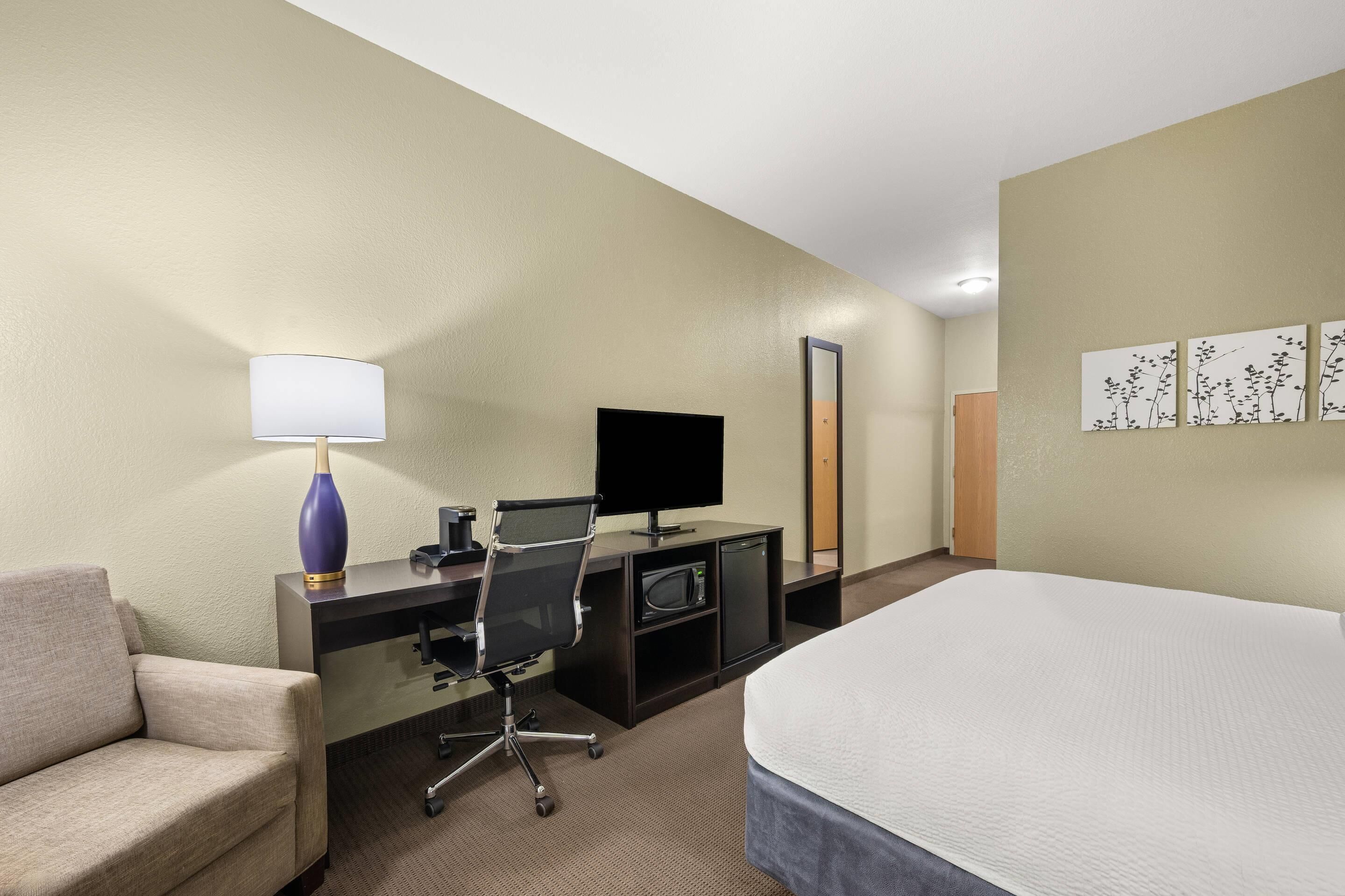 A hotel room with a bed, desk, chair, TV, lamp, and artwork on the wall.