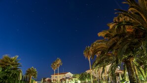 A nighttime view of a hotel with palm trees, a pool, and a well-lit walkway.