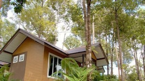 A small, single-story wooden house surrounded by dense green foliage and trees. - Nisa Cabana Koh Chang (Ko Chang)