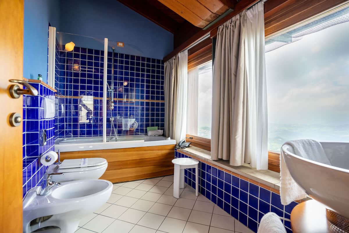 deluxe room, jetted tub, mountain view | bathroom | shower, eco-friendly toiletries, hair dryer, bidet