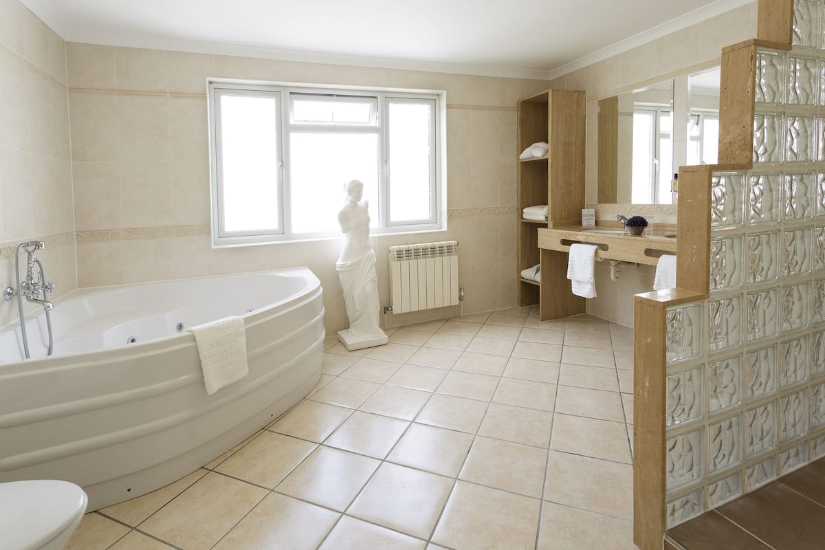 combined shower/bathtub, free toiletries, hair dryer, towels