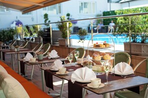 Lunch, dinner served; international cuisine, pool views  - The Savoy Jersey (St. Helier)