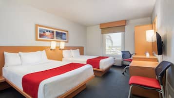 Desk, laptop workspace, blackout curtains, iron/ironing board