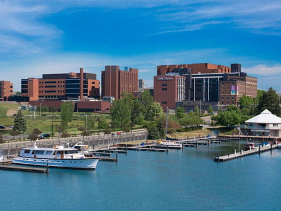 A marina with boats docked, a white gazebo, and modern buildings in the background.