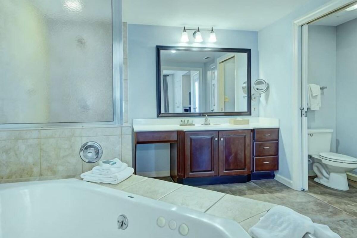 Combined shower/tub, free toiletries, hair dryer, towels