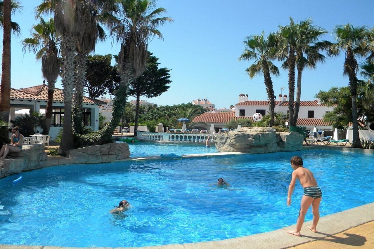 Une piscine bordée de palmiers, un mur de pierre et un ciel d’un bleu limpide.