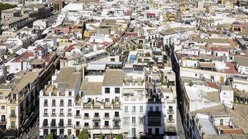 Una zona urbana densamente poblada con diversos estilos arquitectónicos y calles estrechas.