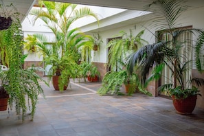 Un espace intérieur vaste et lumineux, agrémenté de diverses plantes en pot et doté d’un sol carrelé.