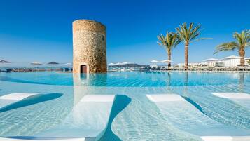 Outdoor pool, pool umbrellas, pool loungers