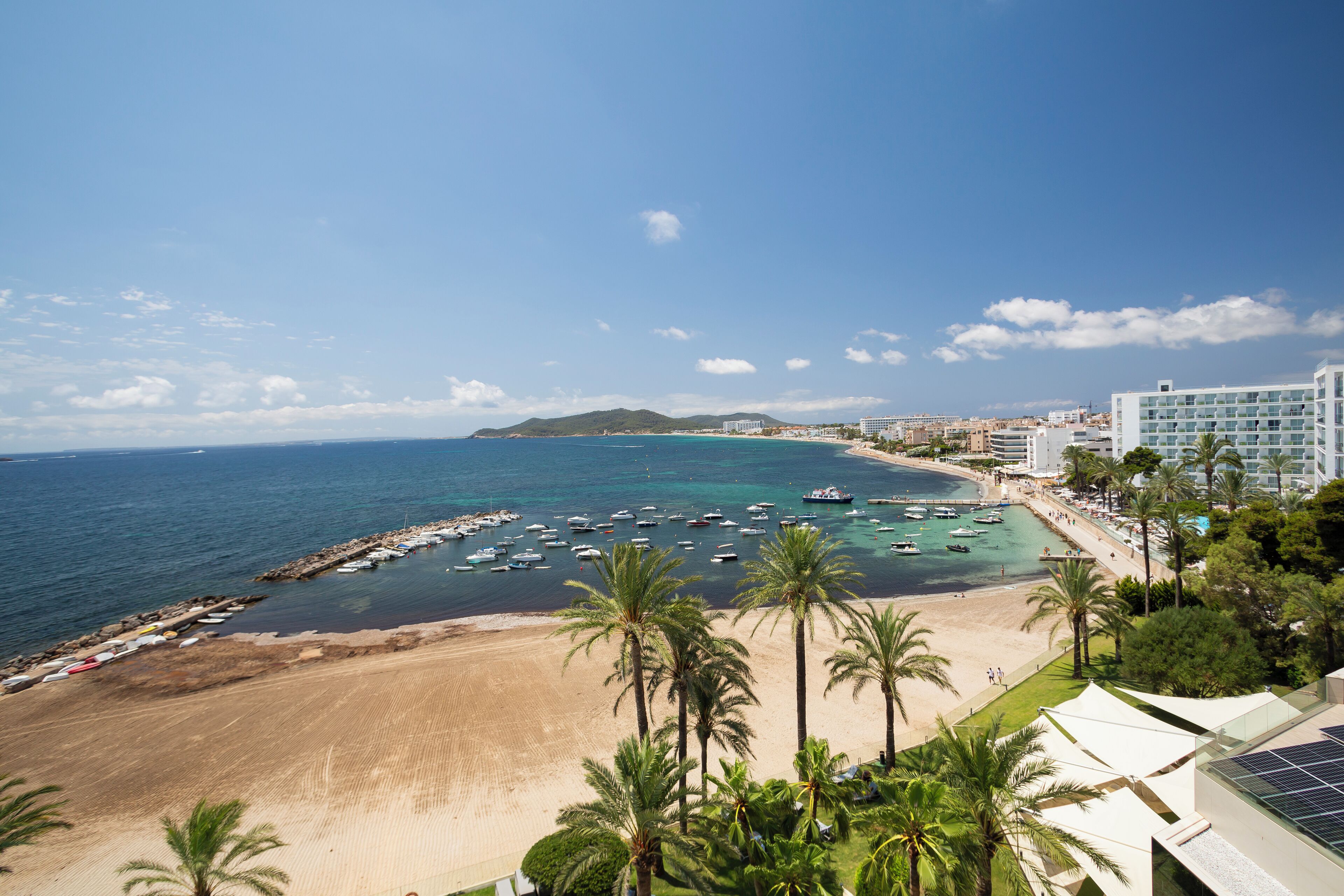 Un hotel frente al mar con vista a la playa, un puerto deportivo con barcos y palmeras.