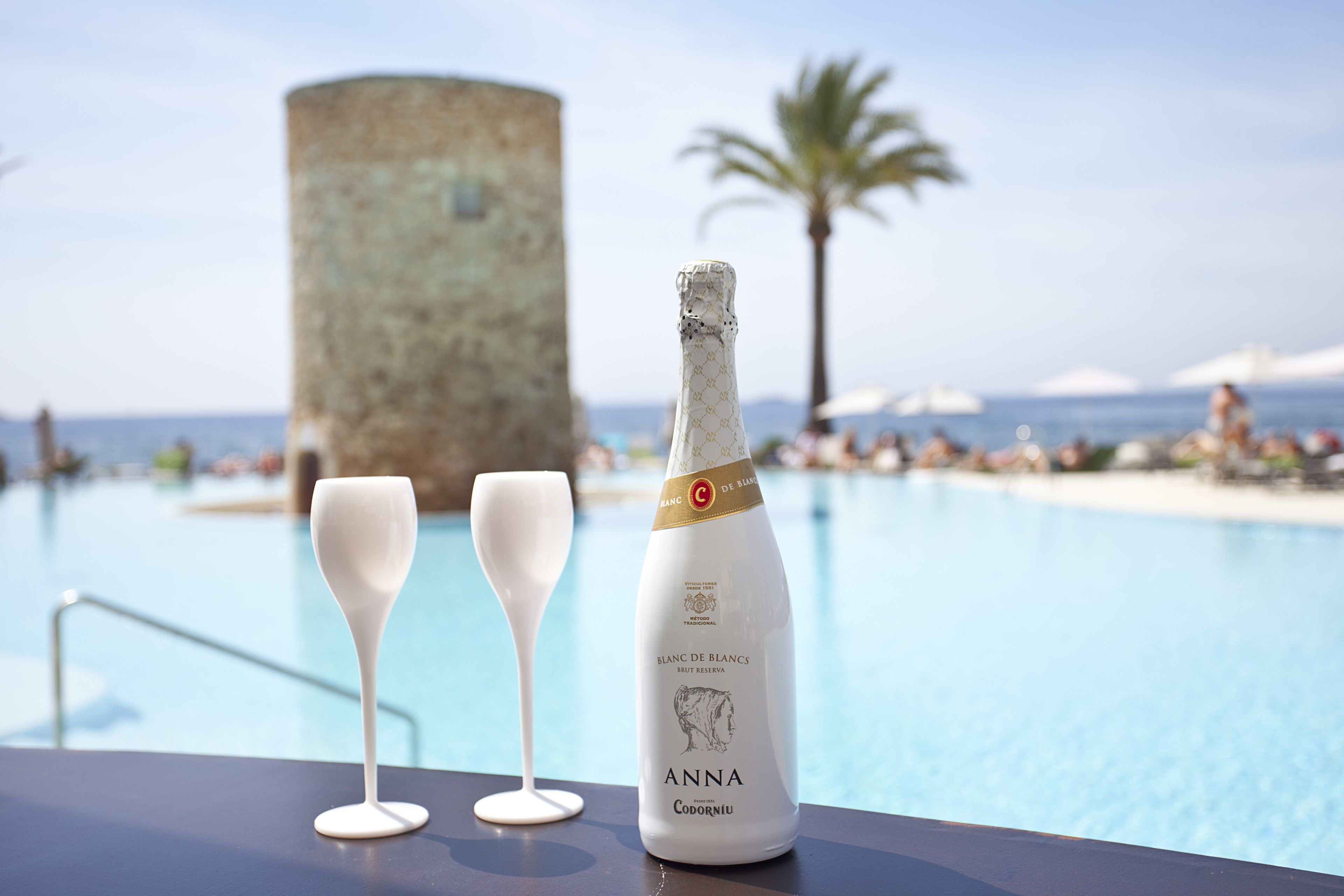 A bottle of Anna Codorniu champagne and two glasses on a table by a pool with a palm tree and a tower in the background.